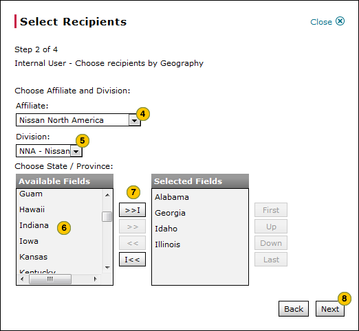 Select internal recipients by geography, step 2 of 3.